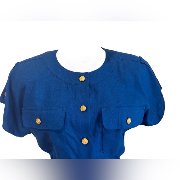 80s LIZ CLAIBORNE ROYAL BLUE SLUBBED SILK COLLARLESS SAFARI SHIRT DRESS SZ 6 - Picture 6 of 10